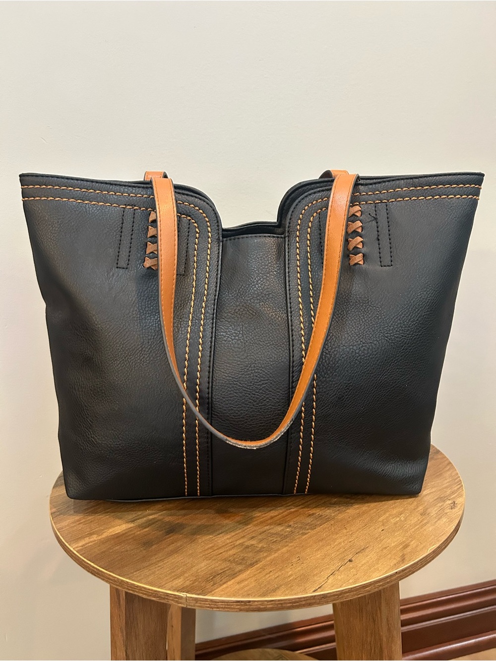 Montana West Black Tote Bag Contrast Stitch Western Shoulder Purse